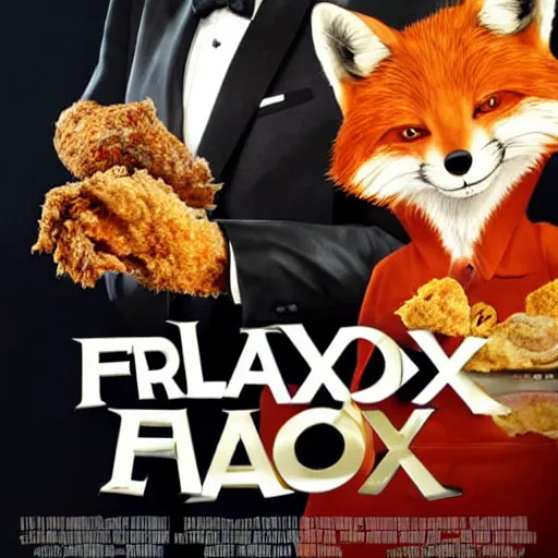 Image similar to movie poster featuring an anthropomorphic fox wearing a black suit, fried chicken in the background, promotional media