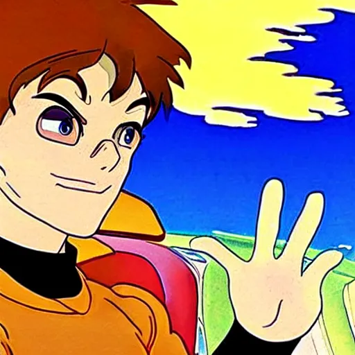 Image similar to scooby doo holding the steering wheel driving inside a nissan pulsar through windy roads in the hills, anime style akira initial d