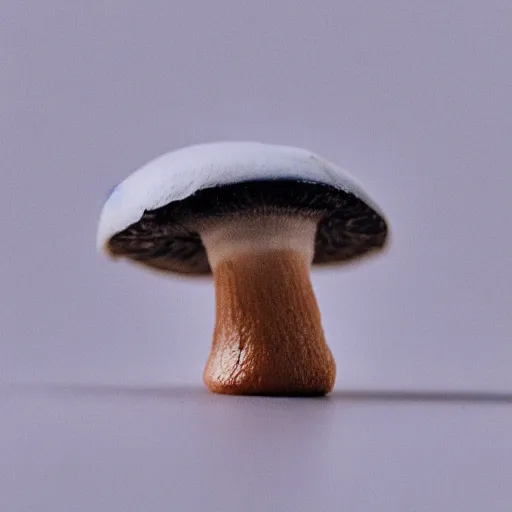 Image similar to macro photo with a mushroom character with cute eyes, drawn in detail