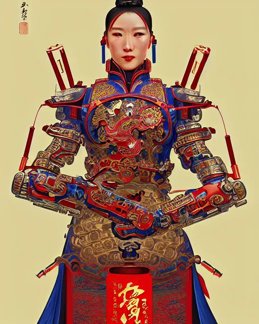 Image similar to portrait of a chinese cyberpunk machine, machine face, arms, upper half portrait, decorated with chinese opera motifs, regal, asian, fine china, wuxia, traditional chinese art intricate intense elegant 京 剧 highly detailed digital painting artstation concept art smooth sharp focus illustration, art by artgerm and greg rutkowski alphonse mucha 8 k