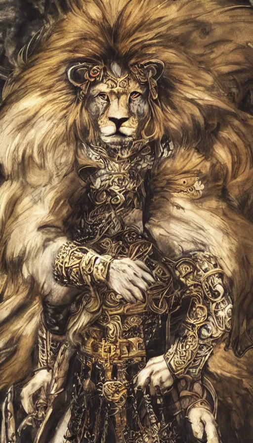 Image similar to 8 k yoshitaka amano painting of upper body of a young cool looking lion beastman with white mane at a medieval market at windy day. depth of field. he is wearing complex fantasy clothing. he has huge paws. renaissance style lighting.