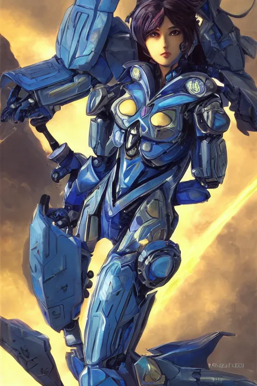 Prompt: full body portrait of a beautiful and gorgeous female azure mech warrior by Masamune Shirow, centered, manga, single face, trending on artstation, WLOP, detailed, intricate, elegant, golden ratio, rule of thirds, good composition, sfw version