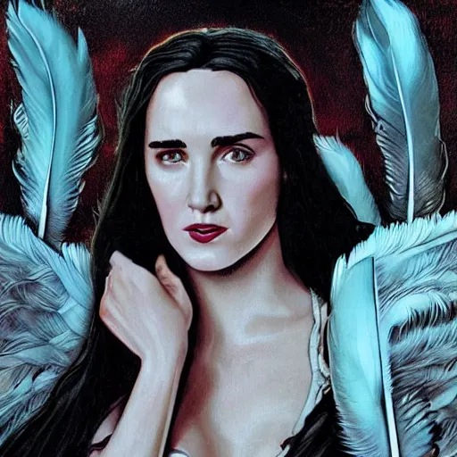 Prompt: young innocent jennifer connelly as innocent gothic beauty with black feathers instead of hair, eyes closed, sad, feathers growing out of skin, in feminine bedroom full of collectible dolls, romantic, comic book cover, vivid, beautiful, illustration, highly detailed, rough paper, dark, oil painting