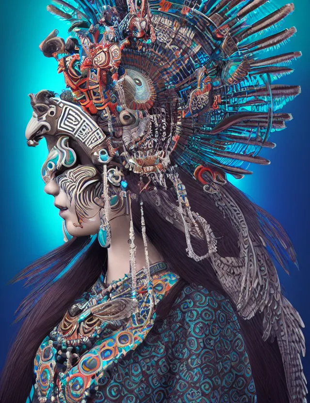 Image similar to 3 d goddess close - up profile portrait aztec with ram skull. beautiful intricately detailed japanese crow kitsune mask and clasical japanese kimono. betta fish, jellyfish phoenix, bio luminescent, plasma, ice, water, wind, creature, artwork by tooth wu and wlop and beeple and greg rutkowski