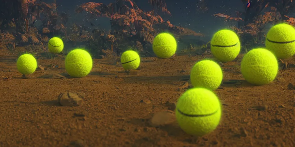 Image similar to a cinematic poster photo of 8 k ultra realistic tennis ball monsters, exotic, cinematic lighting, trending on artstation, 4 k, hyperrealistic, focused, high details, unreal engine 5, cinematic, alien planet atmosphere in background, 3 d render