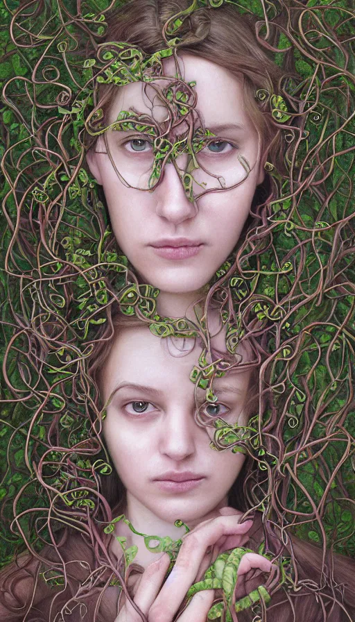 Image similar to very detailed portrait of a 2 0 years old girl surrounded by tentacles, the youg woman visage is blooming from fractal and vines, by alyssa monks