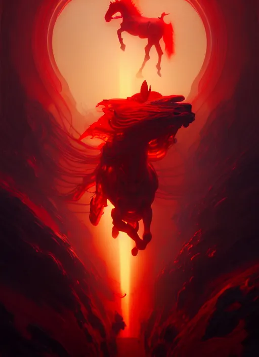 Prompt: red horse of the apocalypse, intricate lights, bio luminescent, plasma, by ruan jia and artgerm and range murata and wlop and ross tran and william - adolphe bouguereau and beeple. key art. fantasy illustration. award winning, artstation, intricate details, realistic, hyperdetailed, 8 k resolution.