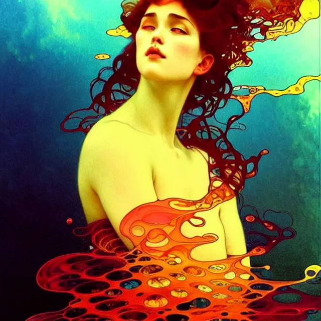 Image similar to mind bending indigo ocean waves of glossy psychedelic liquid honey flowing like kaleidoscopic translucent amber, lsd waves honey ripples, crystal clear, backlit, sunset, refracted lighting, art by collier, albert aublet, krenz cushart, artem demura, alphonse mucha