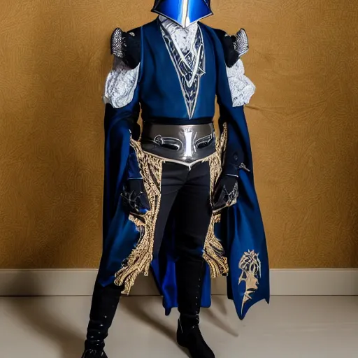 Prompt: medium face shot of adult Austin Butler dressed in futuristic-baroque prussian blue duelist-garb with Griffin-Ram embroidery emblem, and nanocarbon-vest and greaves, standing in an arena in Dune 2020, XF IQ4, f/1.4, ISO 200, 1/160s, 8K, face in-frame