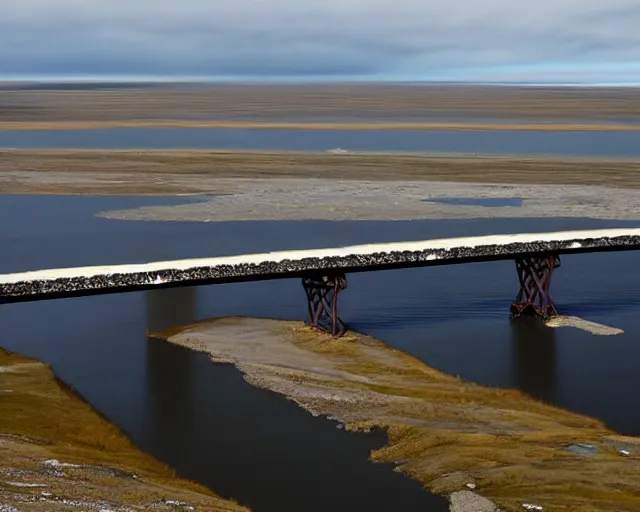 Image similar to the biggest iron concrete bridge ever built. Spanning the arctic sea, connecting two distant lands