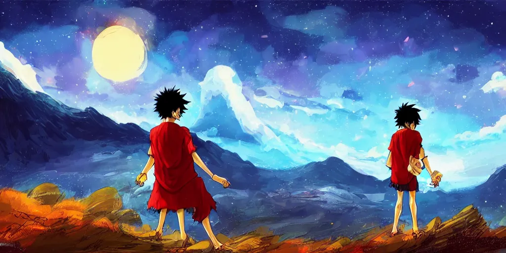 Prompt: luffy, mountain landscape, night sky, digital art, digital painting, celestial, majestic, playful, colorful