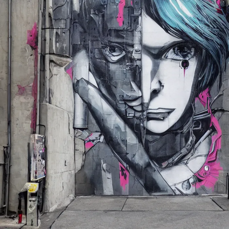 Image similar to Street-art painting of ghost in the shell is style of Banksy, photorealism