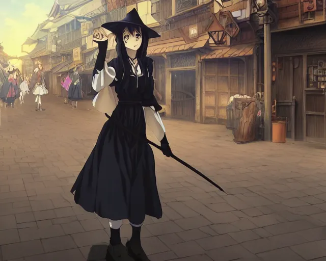 Image similar to key anime visual portrait of a young female witch walking through a busy village, dynamic pose, dynamic perspective, cinematic, dramatic lighting, muted colors, detailed silhouette, textured, finely detailed eyes, anime proportions, anmi, murata range, kentaro miura