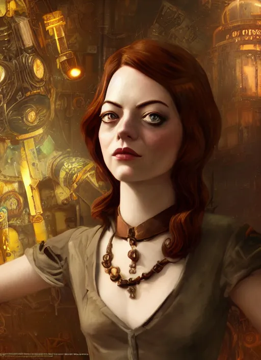 Prompt: Bioshock steampunk portrait of Emma Stone, au naturel, hyper detailed, digital art, trending in artstation, cinematic lighting, studio quality, smooth render, unreal engine 5 rendered, octane rendered, art style by klimt and nixeu and ian sprigger and wlop and krenz cushart