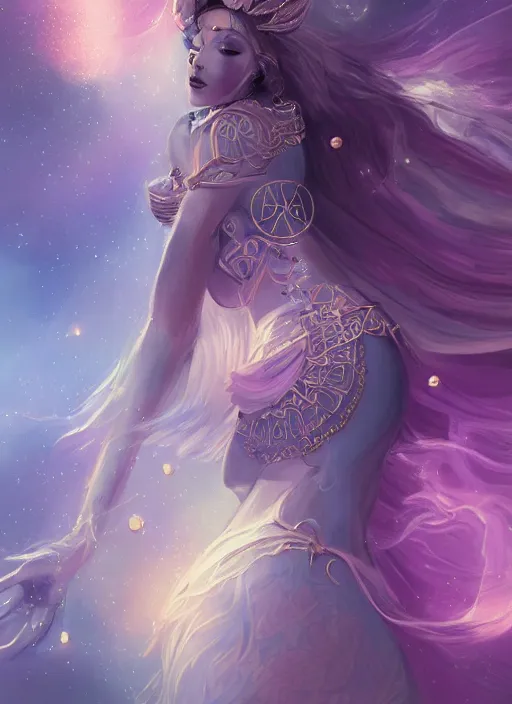 Prompt: a highly detailed illustration of elegant goddess wearing cosmic dress, elegant floating pose, beautiful detailed figure, nebula background, intricate, elegant, highly detailed, centered, digital painting, artstation, concept art, smooth, sharp focus, league of legends concept art, wlop