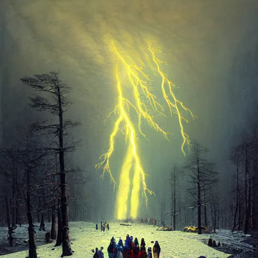 Image similar to a beautiful painting of group of climbers, extreme cold, storm, octane rendering, grim, dark, gloomy, cruel, volumetric lightning, hyperrealism, no blur, 4 k resolution, ultra detailed, style of john atkinson grimshaw, ivan shishkin, tyler edlin, scott listfield, eric zener