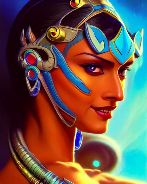 Image similar to symmetra from overwatch, fantasy, fantasy art, fantasy, colorful, elegant, character portrait, portrait, close up, highly detailed, intricate detail, amazing detail, sharp focus, vintage fantasy art, vintage sci - fi art, radiant light, caustics, by boris vallejo