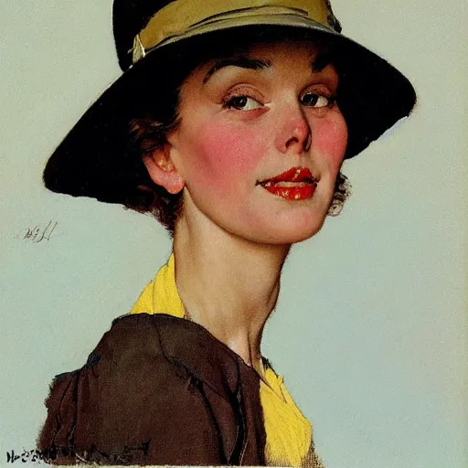 Image similar to frontal portrait of a woman wearing a kasa hat, by norman rockwell