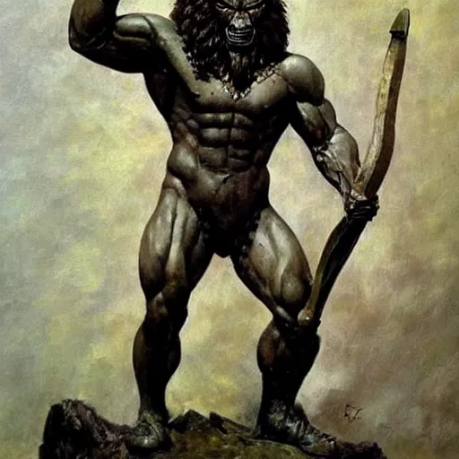 Image similar to muscular lion as barbarian hunter full body ,human legs ,very textured detailed oil painting by Frank Frazetta