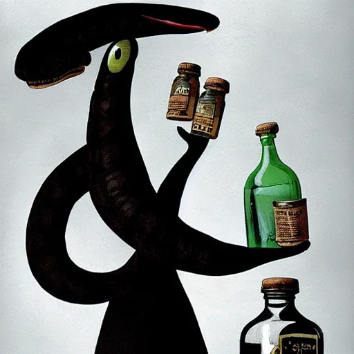 Image similar to a grinning anthropomorphic snake selling bottles of medicine, fantasy, dave mckean