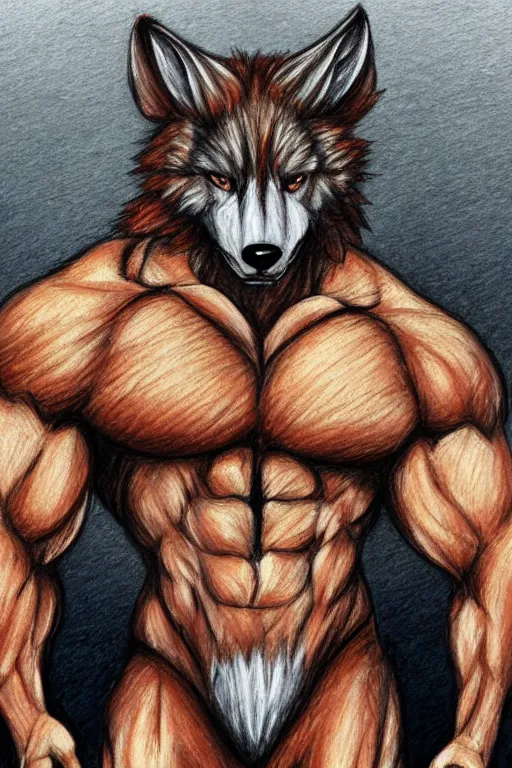 Image similar to master furry artist colored pencil drawing full body portrait character study of the anthro male anthropomorphic wolf fursona animal person bodybuilder at gym