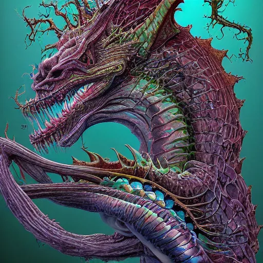 Image similar to nightmare dragon anatomy etherreal iridescent vascular nerve bundles pearlescent spinal chord horror by naoto hattori, zdzislaw, norman rockwell, studio ghibli, anatomical cutaway