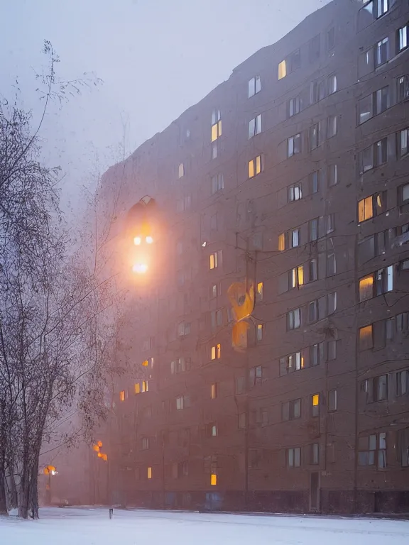 Prompt: beautiful film still of a residential block building in russian suburbs, low, lights are on in the windows, dark night, post - soviet courtyard, cozy and peaceful atmosphere, fog, cold winter, snowing, streetlamps with orange volumetric light, several birches nearby, elderly man stand at the entrance to the building