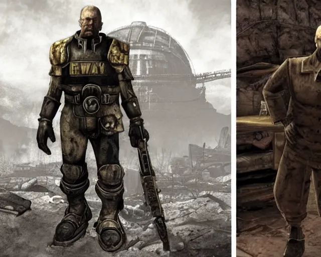 Image similar to Janusz Korwin-Mikke in the centre of a screenshot from the game Fallout: New Vegas (2010), screenshot of an NPC from Fallout: New Vegas (2010)