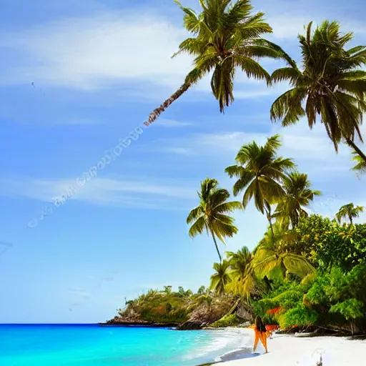 Prompt: violinist on the beach with palm trees blue sky tropical island on horizon