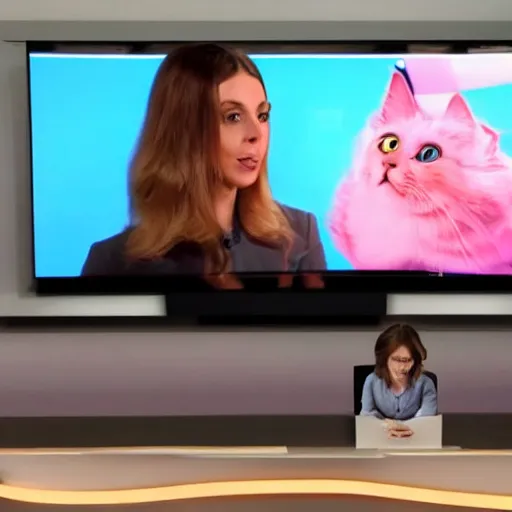 Prompt: photo of cat presenting the news on tv