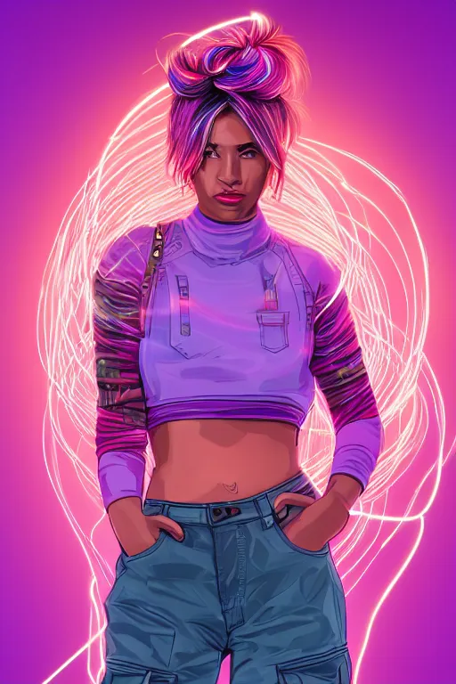 Image similar to a award winning half body portrait of a beautiful woman in a croptop and cargo pants with ombre purple pink teal hairstyle and hands in pockets by ari liloan, surrounded by whirling illuminated lines, outrun, vaporware, shaded flat illustration, digital art, trending on artstation, highly detailed, fine detail, intricate