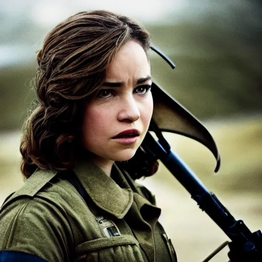 Image similar to a photograph of emilia clark as a female soldier, cinematic lightening, professional, pentax k 1 0 0 0, sharp focus