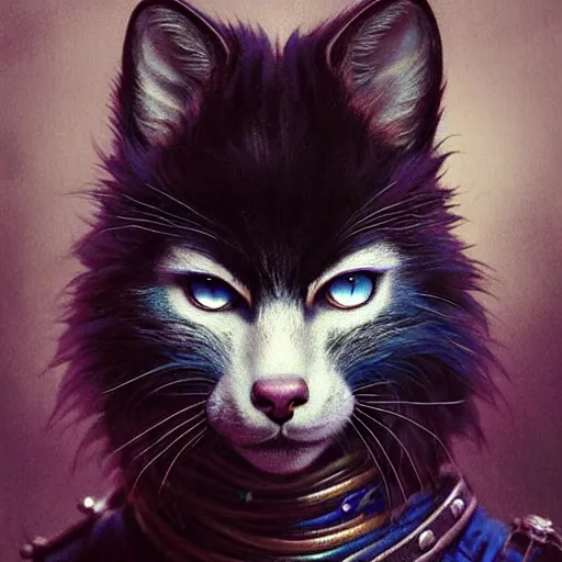 Image similar to portrait painting of a punk catfolk bard with blue eyes and black fur, ultra realistic, concept art, intricate details, eerie, highly detailed, photorealistic, octane render, 8 k, unreal engine. art by artgerm and greg rutkowski and charlie bowater and magali villeneuve and alphonse mucha