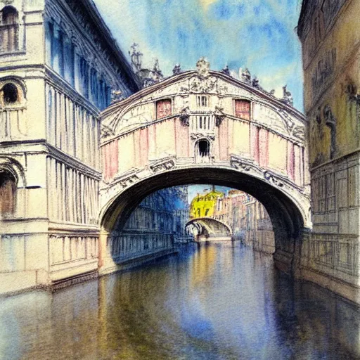 Image similar to the bridge of sighs in the style of vrubel, watercolor, pastel colors