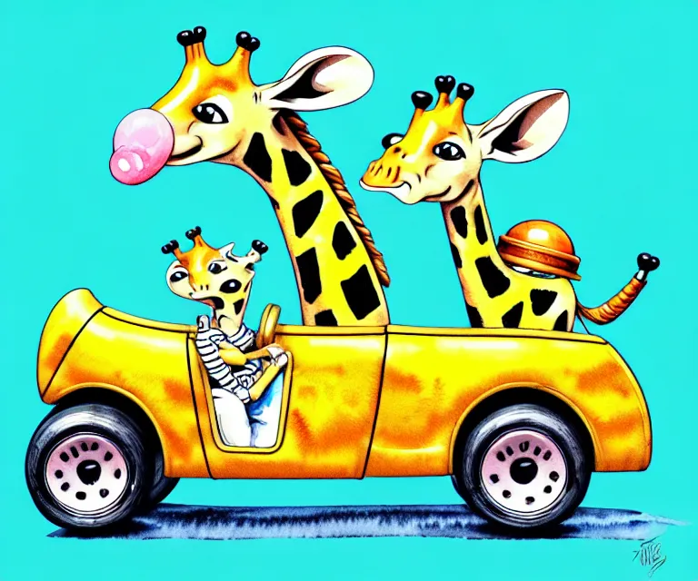 Image similar to cute and funny, giraffe wearing a helmet riding in a tiny hot rod with oversized engine, ratfink style by ed roth, centered award winning watercolor pen illustration, isometric illustration by chihiro iwasaki, edited by range murata, tiny details by artgerm and watercolor girl, symmetrically isometrically centered