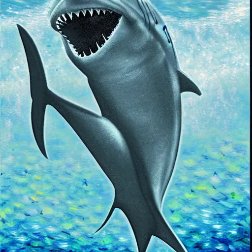 Image similar to joe biden sharkman swimming underwater, shark - human face, impressionism