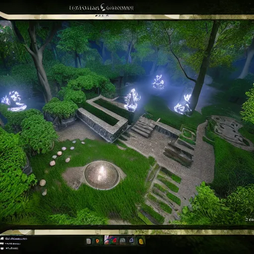 Image similar to incredible game level design, isometric view, lothlorien, trees, lights, fantasy, 8k, unreal engine