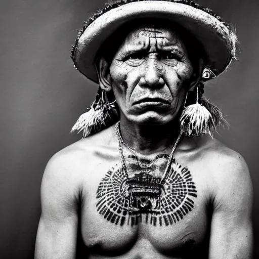 Prompt: portrait of hopi shaman, 3 0 yo, angry look, tattoos, dark background, studio light, hdr, nikon 2 4 mm f / 1. 8 g, by sebastiao salgado