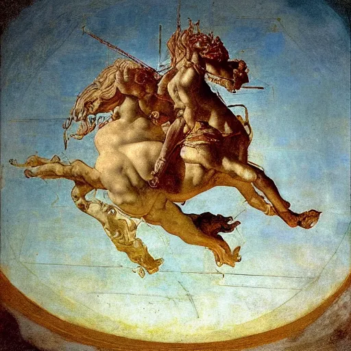 Prompt: Tragic Portrait of Phaethon the Demigod losing control of the chariot chariot that is the sun careening through the zodiac filled stratosphere Ilya Repin Michelangelo Buonarotti Leonardo Da Vinci masterpiece fresco quadratura Trompe-lœil