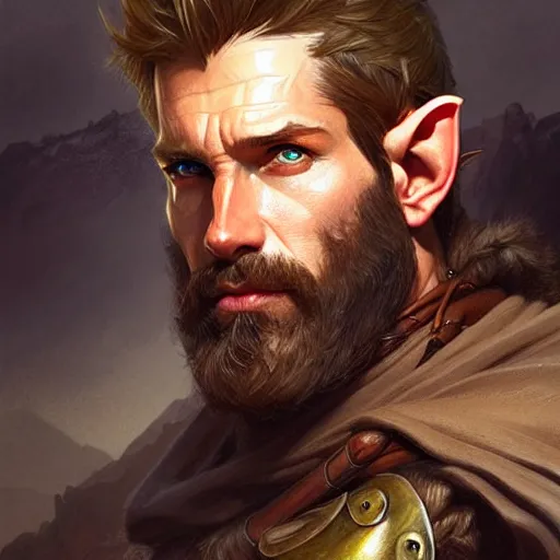 Image similar to Portrait of rugged male ranger, elf, D&D, amber eyes, muscular, fantasy, intricate, elegant, highly detailed, digital painting, artstation, concept art, smooth, sharp focus, illustration, art by artgerm and greg rutkowski and alphonse mucha