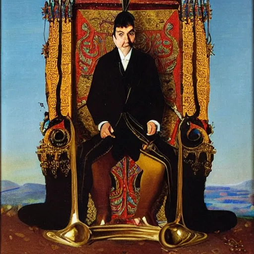 Prompt: A portrait of Mr. Bean depicted as a medieval king, sitting on a throne, oil painting by Salvador Dali
