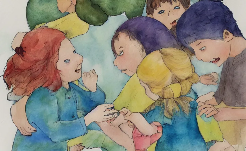 Image similar to children book illustration, A voice that flutters like a soft blanket around the four of them, water color