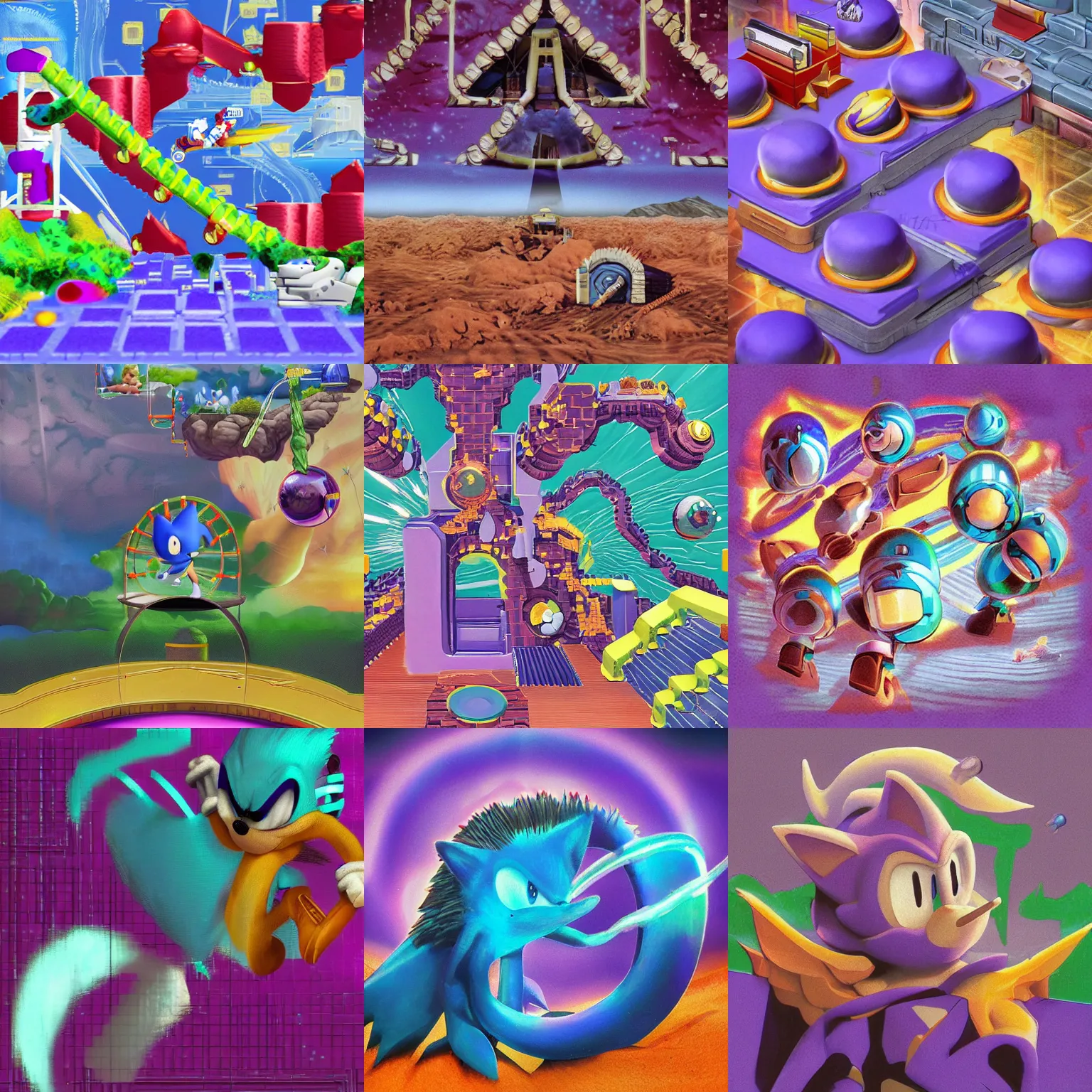 Prompt: sonic hedgehog portrait deconstructivist claymation scifi matte painting landscape of a surreal stars, retro moulded professional soft pastels high quality airbrush art album cover of a liquid dissolving airbrush art dreams sonic the hedgehog swimming through cyberspace purple teal checkerboard background 1 9 9 0 s 1 9 9 2 sega genesis rareware video game album cover