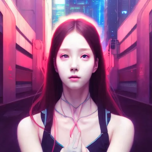 Image similar to portrait painting of cyberpunk chuu loona kpop smiling cheerfully, ultra realistic, concept art, intricate details, eerie, highly detailed, photorealistic, octane render, 8 k, unreal engine. art by artgerm and greg rutkowski and magali villeneuve and alphonse mucha