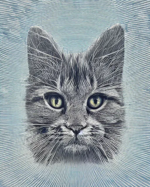 Prompt: highly detailed high resolution stacked plot of radio emissions from a pulsar, abstracted light refractions and stripy interference, making up a fluffy cat, silk screen t-shirt design 4K