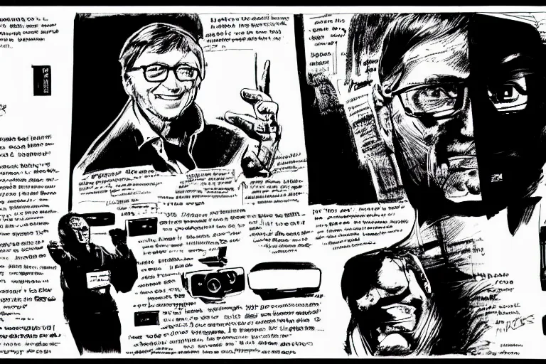 Image similar to microsoft co - founder bill gates presenting the xbox at ces, a page from cyberpunk 2 0 2 0, style of paolo parente, style of mike jackson, adam smasher, johnny silverhand, 1 9 9 0 s comic book style, white background, ink drawing, black and white