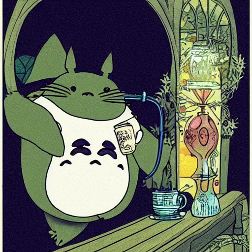 Prompt: totoro drinking coffee, art nouveau, print, detailed