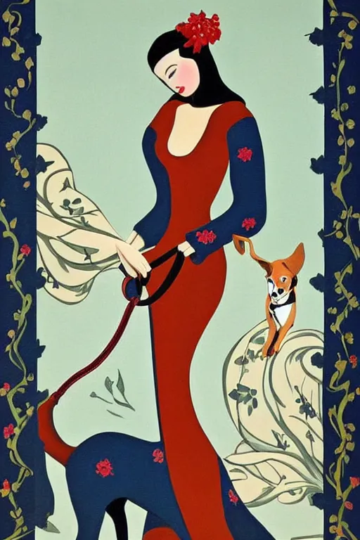 Image similar to beautiful painted woman fashion with dog on leash oil painting by Erte