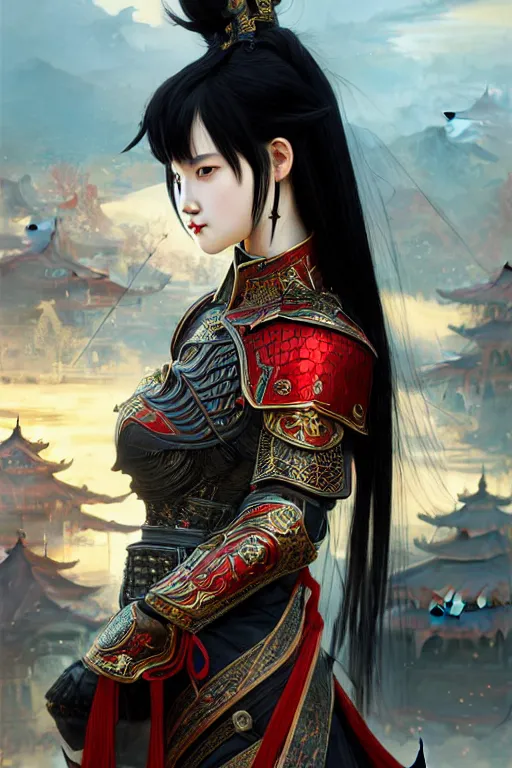 Image similar to portrait black hair young knights of Dynasty Warriors girl, metallic red armor, in ruin chinese temple rooftop sunset, ssci-fi and fantasy, intricate and very beautiful and elegant, highly detailed, digital painting, soft light, artstation, concept art, smooth and sharp focus, illustration, art by tian zi and WLOP and alphonse mucha