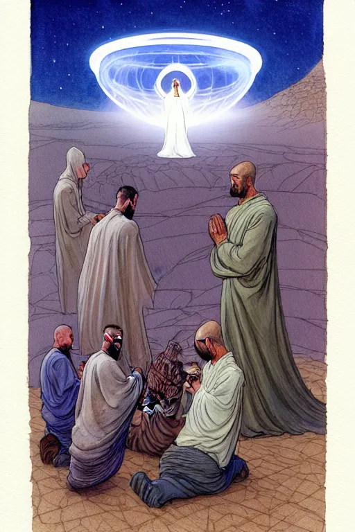 Image similar to a hyperrealist watercolour character concept art portrait of a group of middle eastern men kneeling down in prayer in front of a giant angel on a misty night in the desert. a ufo is in the background. by rebecca guay, michael kaluta, charles vess and jean moebius giraud